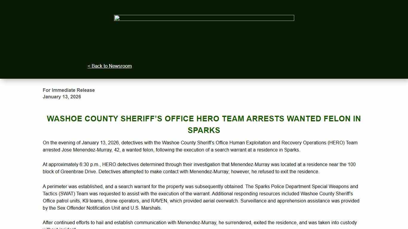 Washoe County Sheriff’s Office HERO Team Arrests Wanted Felon in Sparks Washoe Life